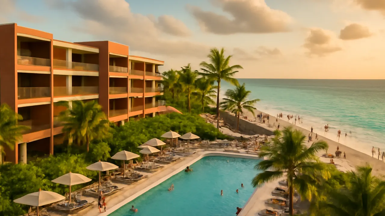 Resort hotelero frente a la playa en Punta Cana con arquitectura moderna y vegetación autóctona, reflejando la evolución del turismo