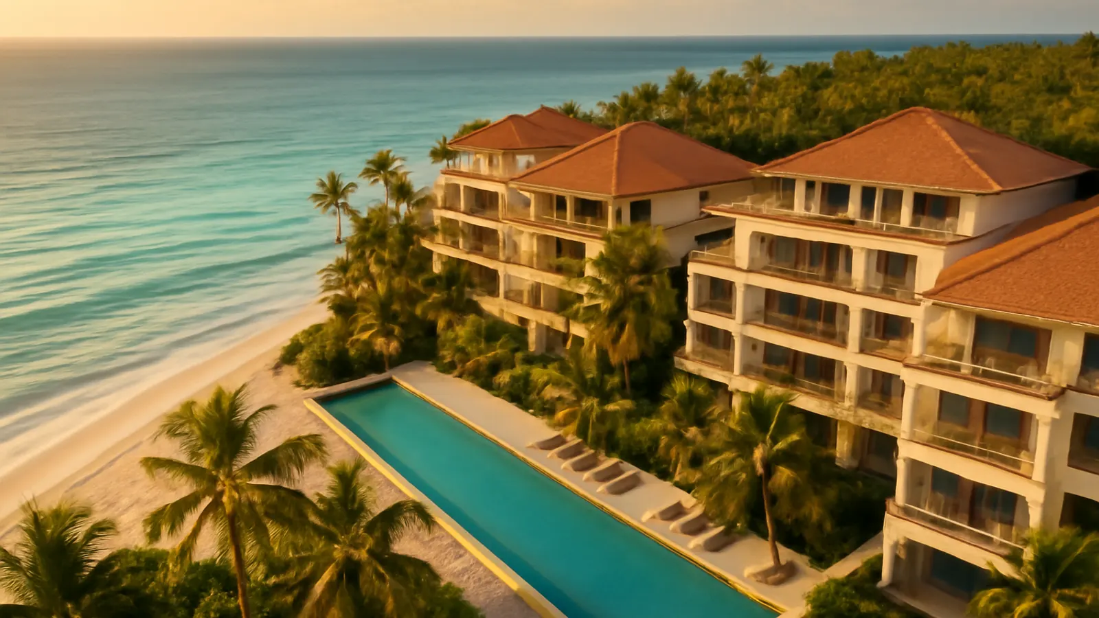 Vista aérea al atardecer de un complejo residencial de lujo moderno en Punta Cana con piscina infinity, vegetación autóctona y playa caribeña