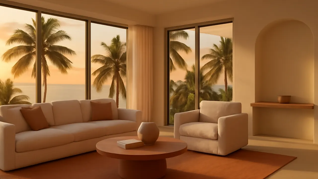 Interior sereno y moderno de una vivienda de lujo en Punta Cana con vistas a palmeras y el océano al atardecer, reflejando el estilo de vida caribeño