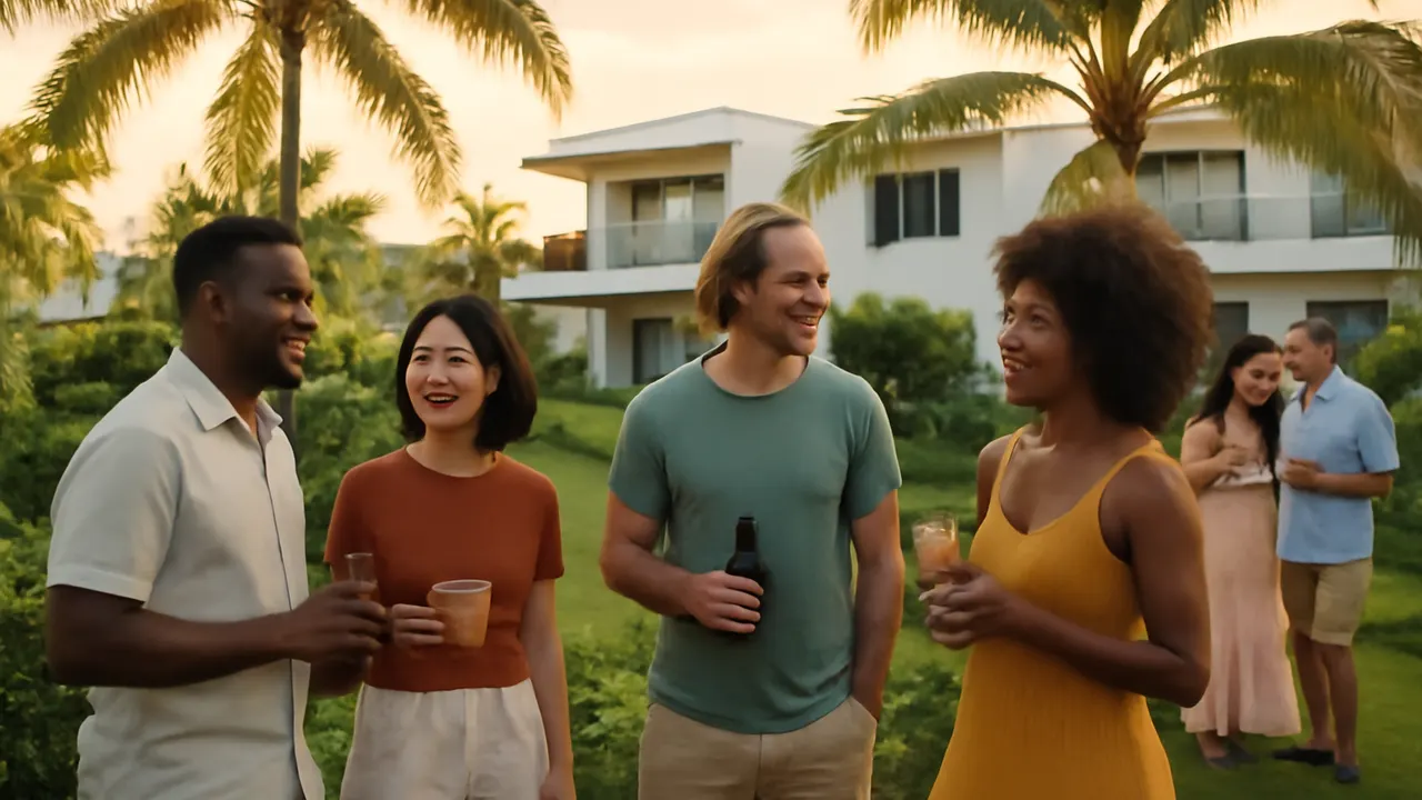 Grupo diverso de expatriados socializando en un jardín tropical en Punta Cana, mostrando integración comunitaria y ambiente relajado