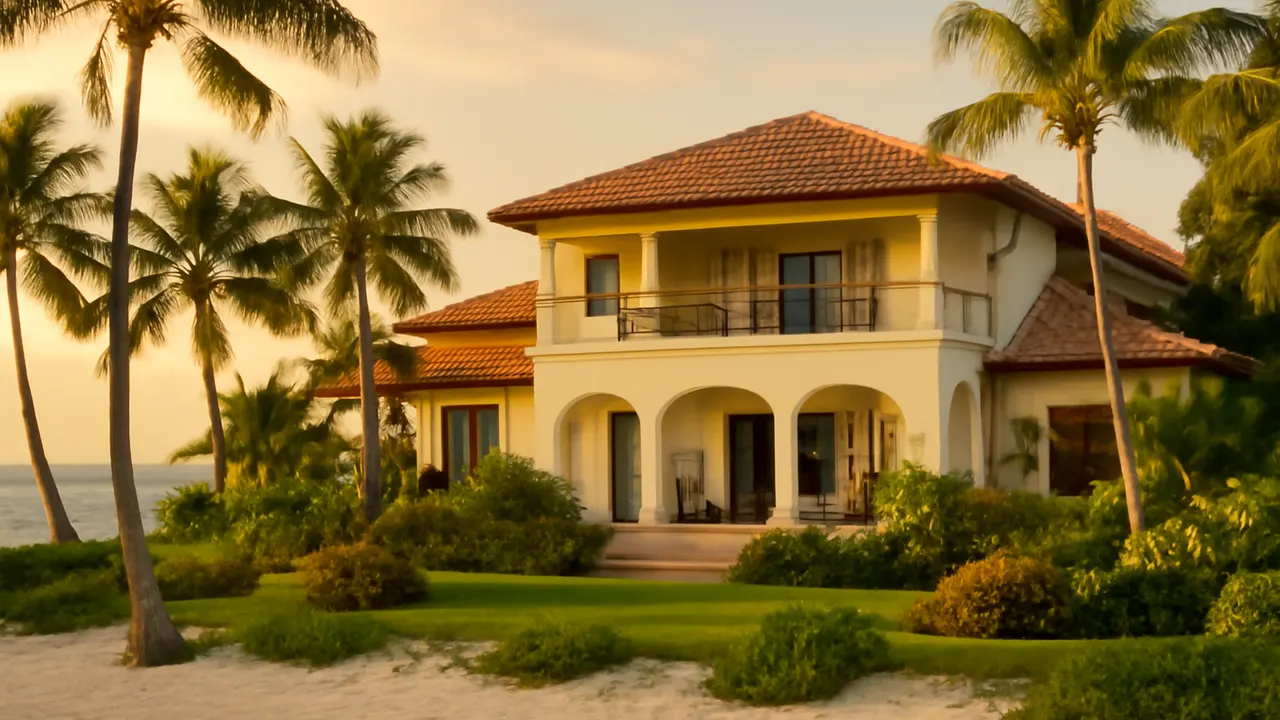 Villa de lujo en primera línea de playa en Punta Cana con vegetación autóctona y luz cálida al atardecer