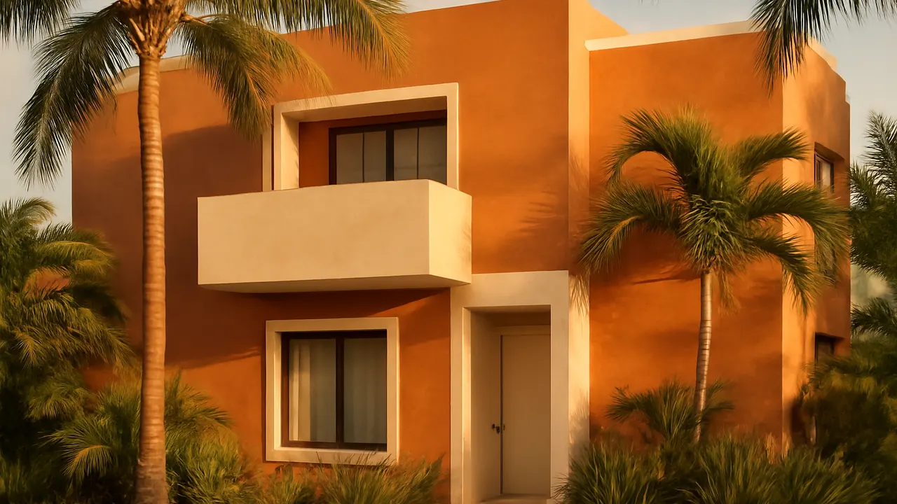 Fachada residencial moderna en Punta Cana con vegetación autóctona y luz cálida de atardecer, ilustrando opciones de financiación para ciudadanos de EE.UU. y Canadá en República Dominicana