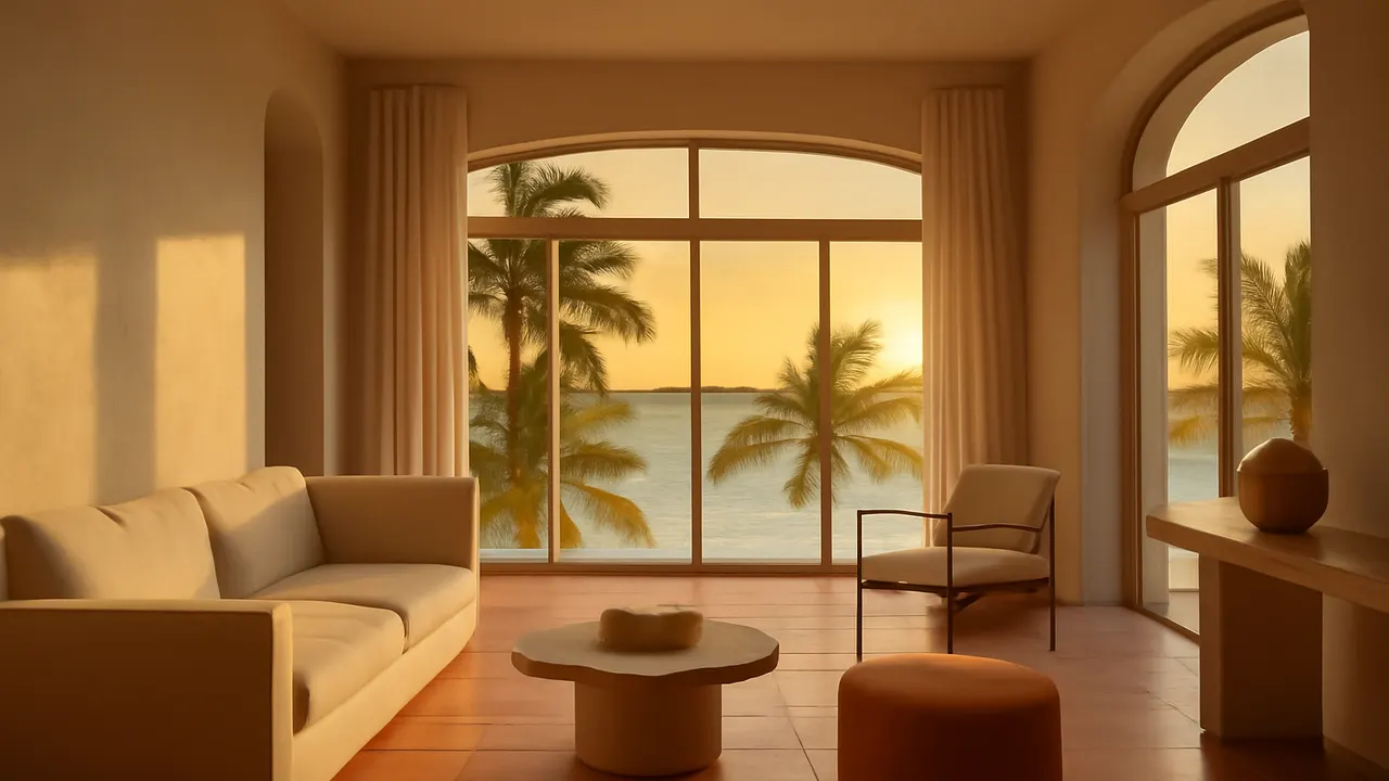 Interior sereno y luminoso de vivienda de lujo en Punta Cana con paleta marfil y terracota, ilustrando el proceso de compra con financiación en República Dominicana