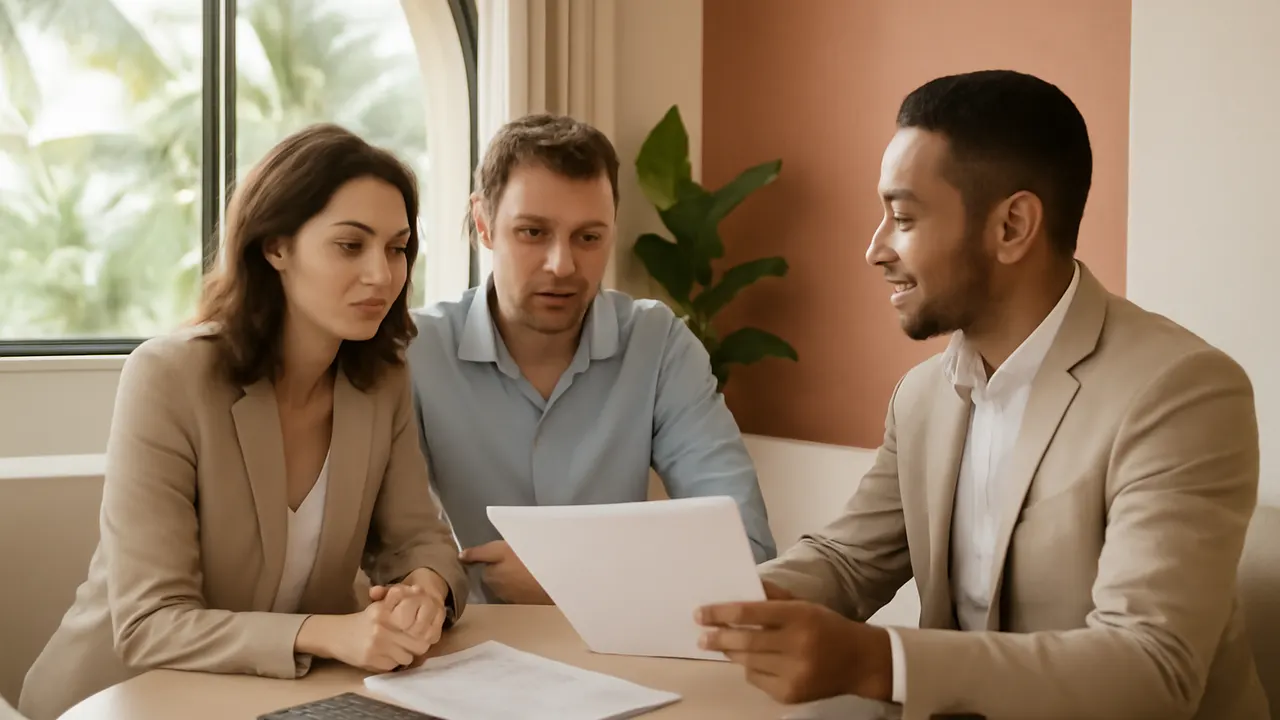 Pareja norteamericana consultando opciones de financiación con asesor local en oficina moderna en República Dominicana