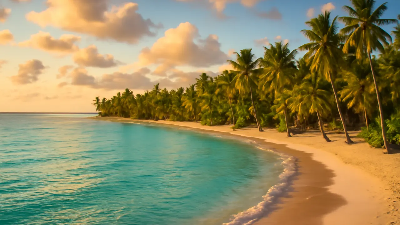 Playa tranquila en Punta Cana con palmeras y mar turquesa, ilustrando opciones de financiación para compradores de EE.UU. y Canadá