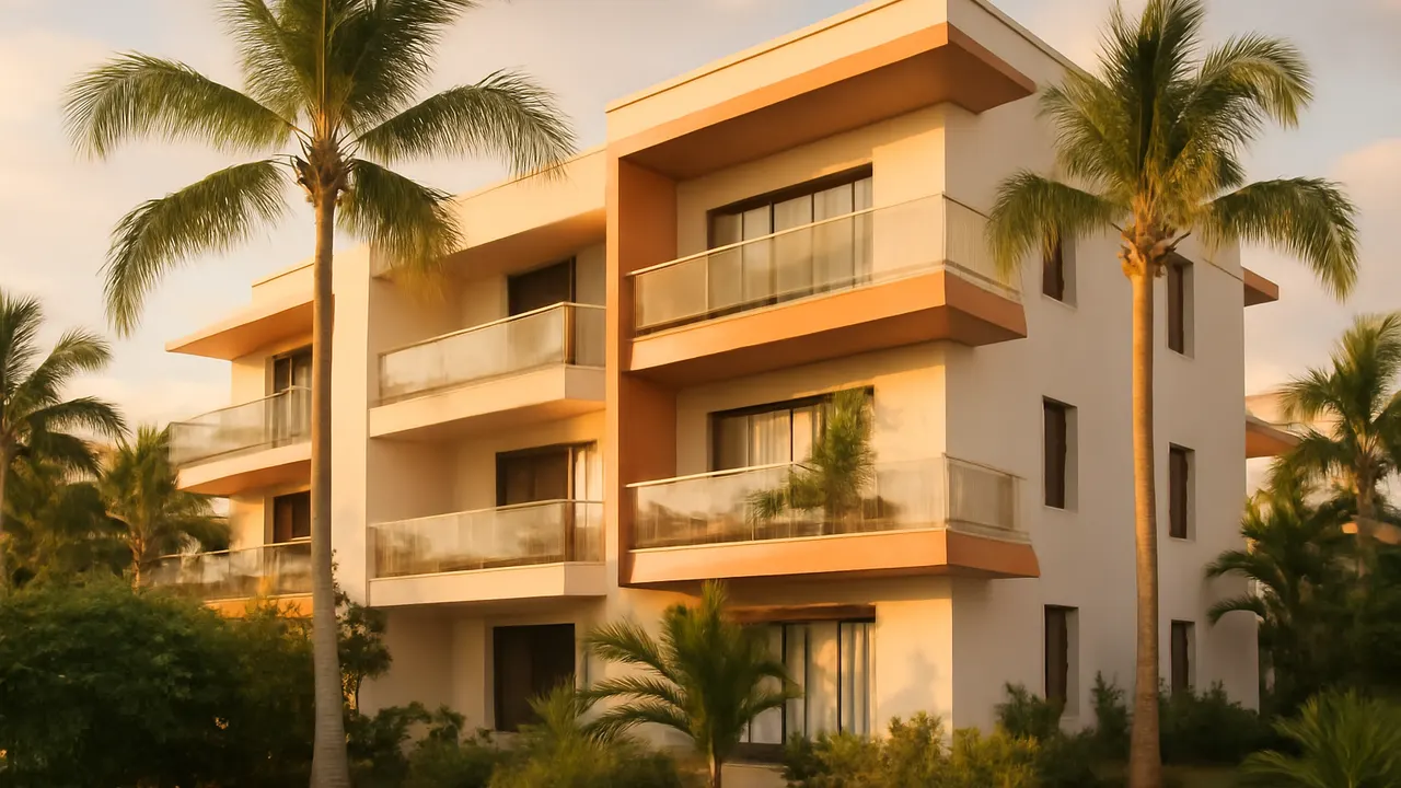 Facade of a modern residential building in Punta Cana with tropical vegetation and warm sunset light, financing for non-residents in the DR