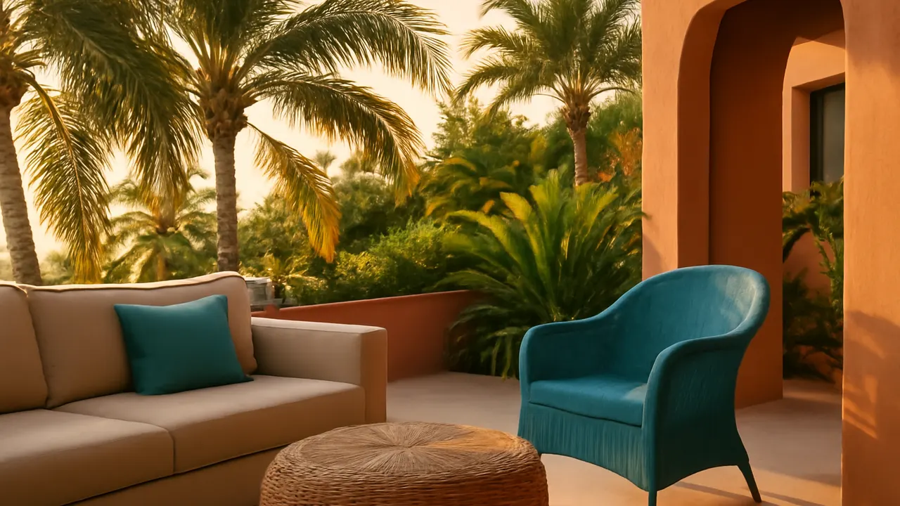 Outdoor area with elegant furniture in a luxury residence in Punta Cana, calm and warm atmosphere, real estate credit options for foreigners