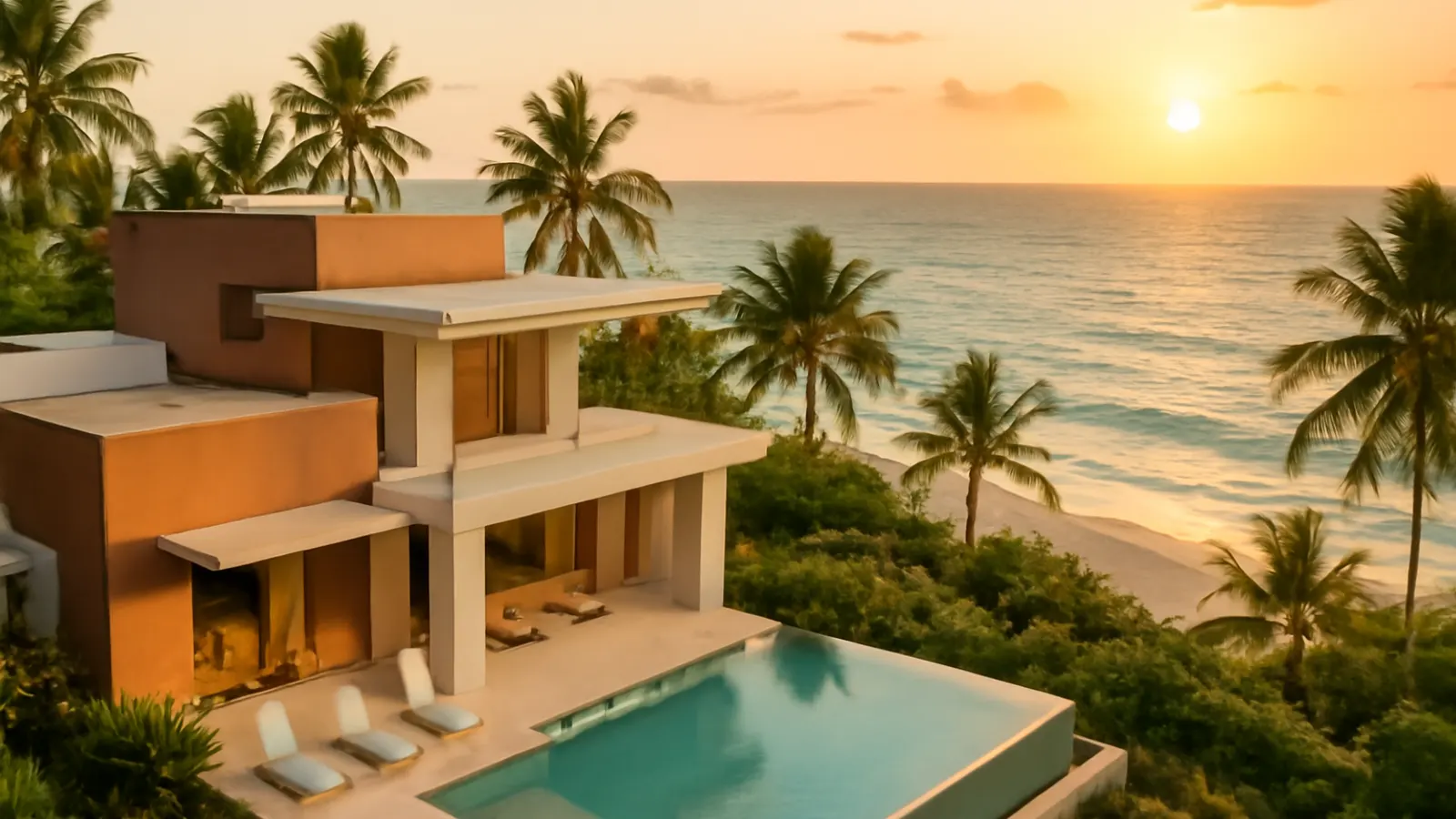 Aerial view of a modern residential villa in Punta Cana with infinity pool and palm trees at sunset, luxury Caribbean setting