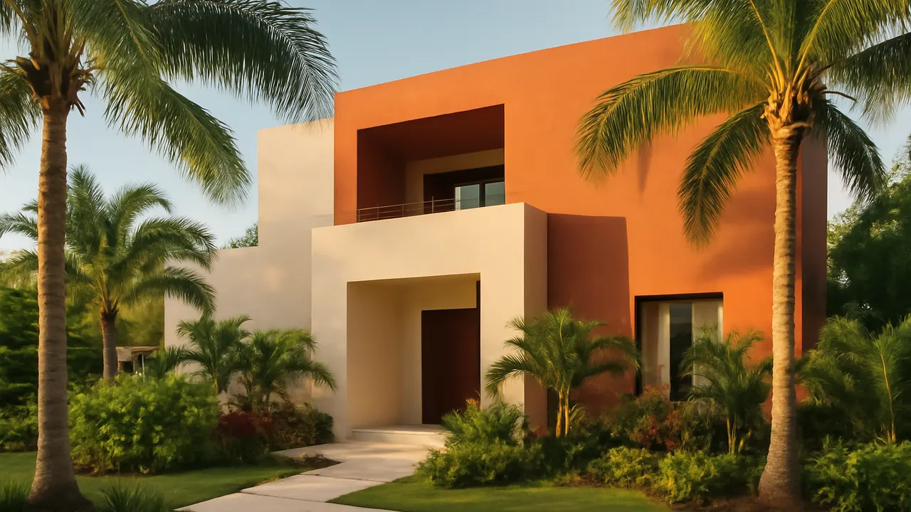 Fachada de vivienda residencial moderna en Punta Cana con palmeras y vegetación autóctona, luz cálida de atardecer, ilustrando requisitos y condiciones para financiación en República Dominicana