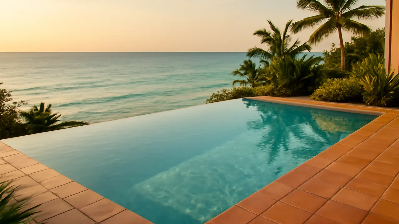 Piscina infinity con vista al océano turquesa en Punta Cana, rodeada de vegetación y detalles terracota, imagen para tipos de créditos inmobiliarios disponibles para no residentes