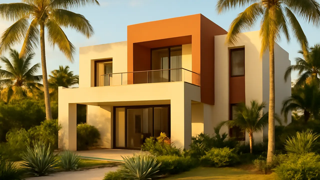 Exterior of a modern residential villa in Punta Cana with palm trees and native vegetation in warm sunset light