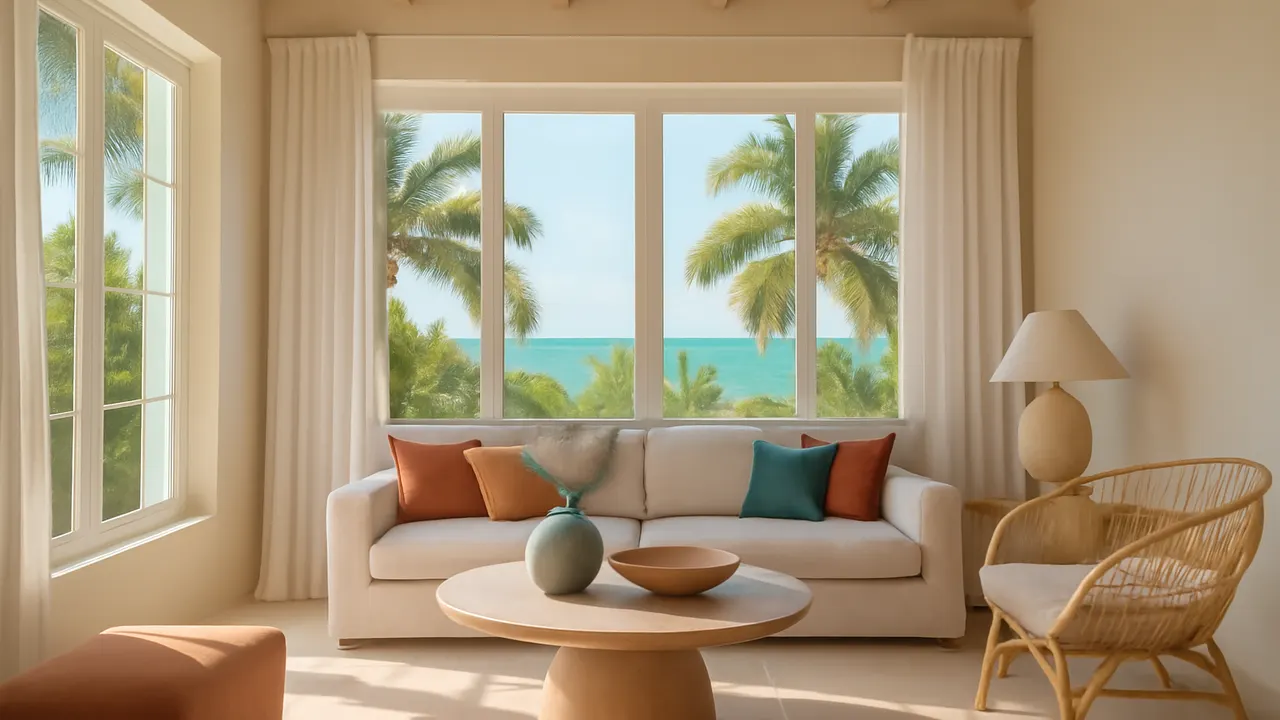Serene and bright interior of a luxury Caribbean home living room with views of tropical vegetation and ocean
