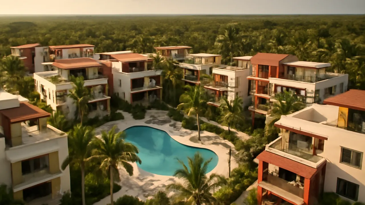 Vista aérea de un complejo residencial moderno en Punta Cana con vegetación autóctona, ilustrando los incentivos fiscales bajo CONFOTUR