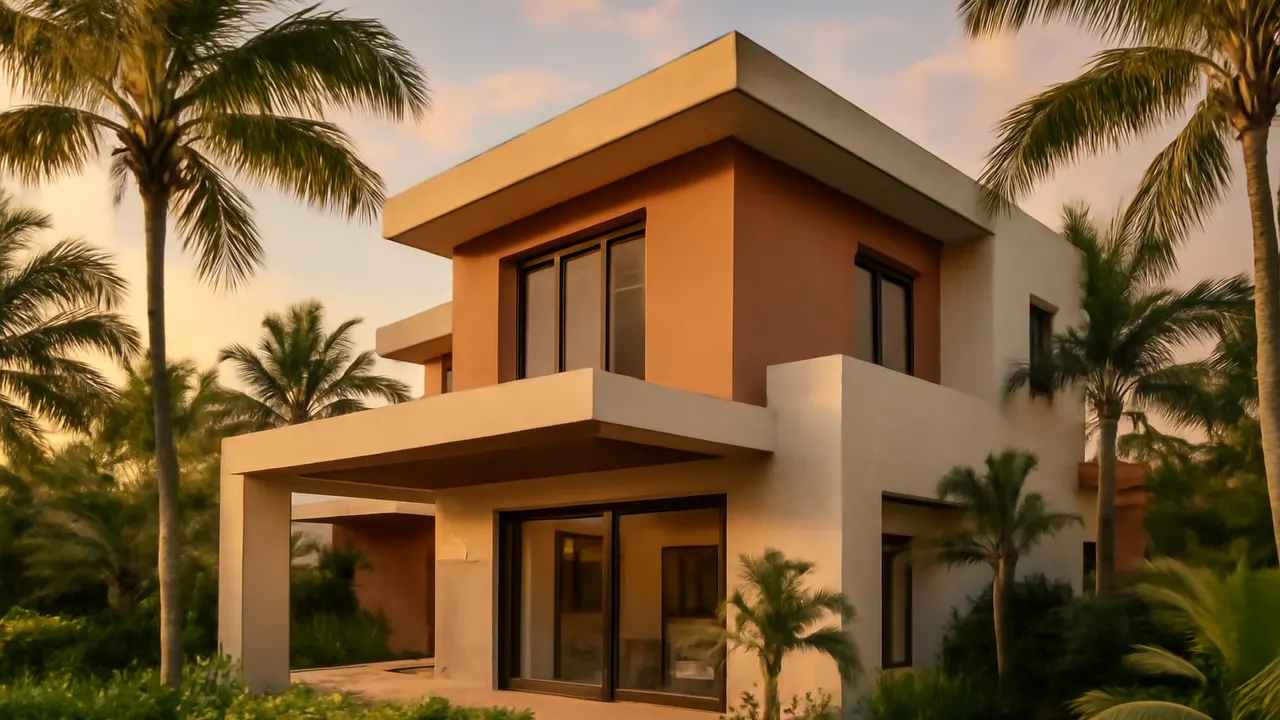 Villa residencial moderna en Punta Cana con tonos marfil y terracota y vegetación autóctona al atardecer