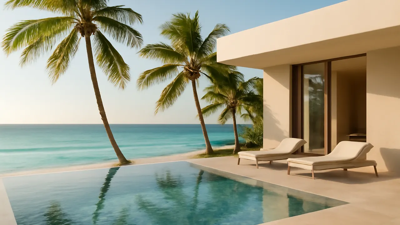 Propiedad de lujo frente al mar en Punta Cana con piscina infinity y océano turquesa al atardecer