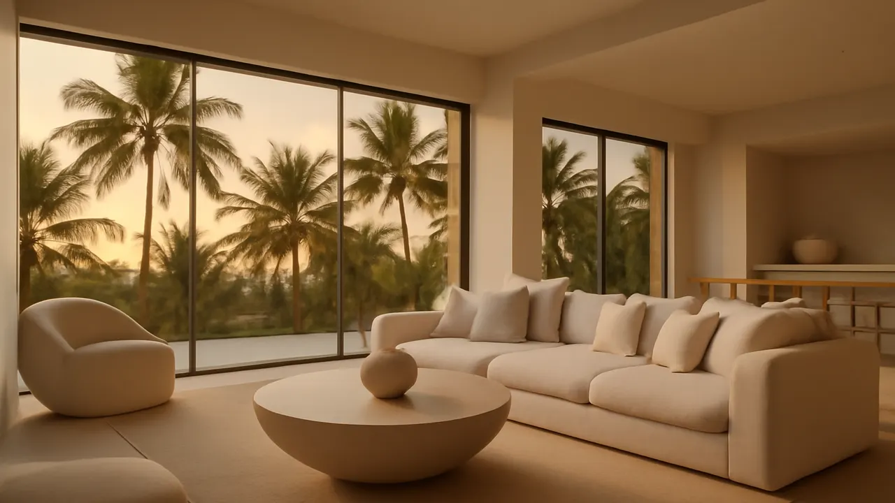 Interior of a luxury villa in Punta Cana with minimalist decor and natural light at sunset