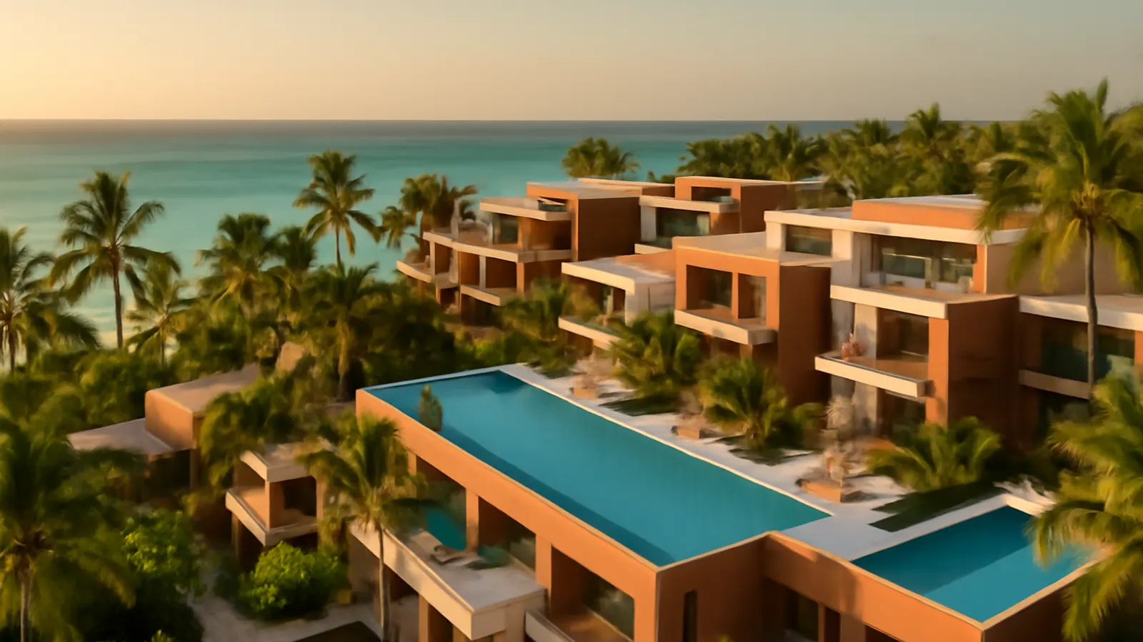Photorealistic aerial view of a luxury residential complex in Punta Cana at sunset with infinity pools and modern architecture in terracotta and ivory tones