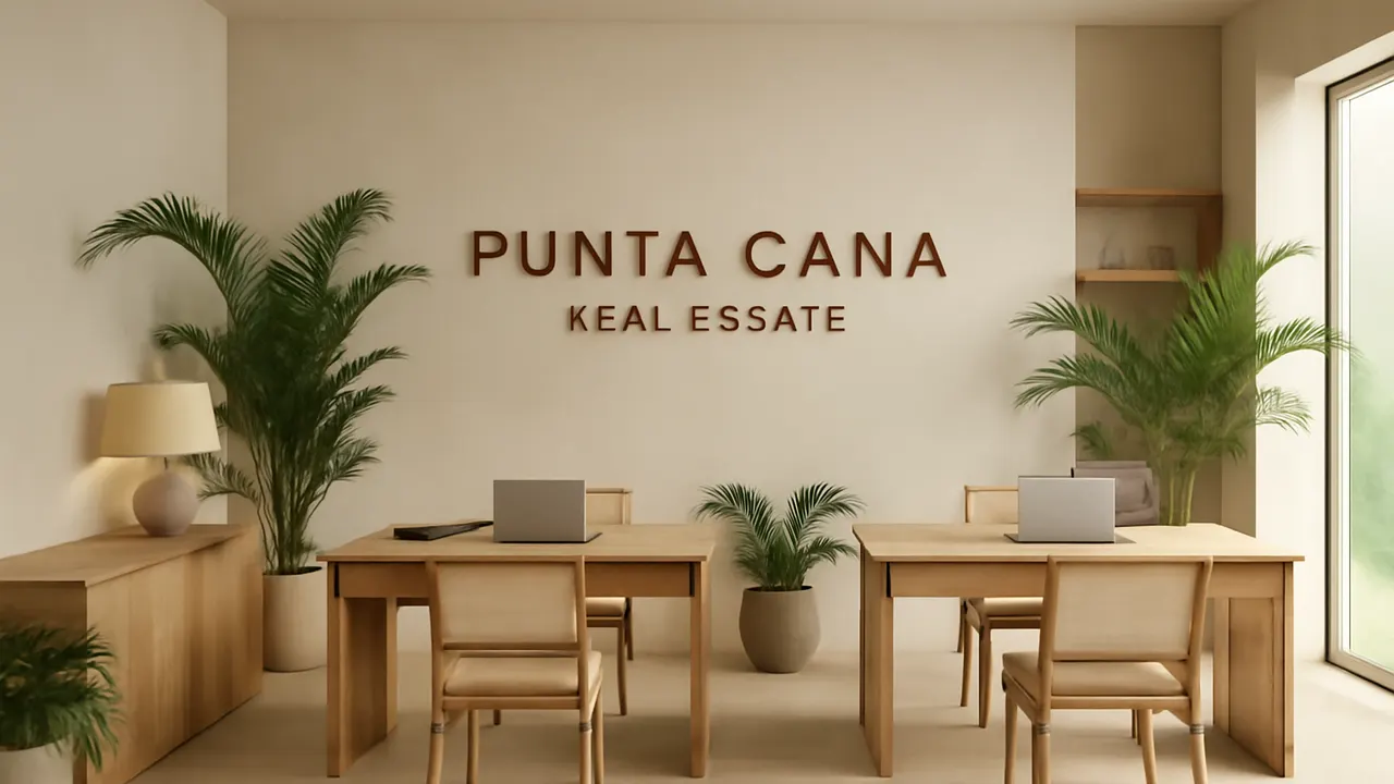 Interior de oficina inmobiliaria moderna y serena en Punta Cana con luz cálida natural y vegetación tropical, servicios inmobiliarios en Punta Cana