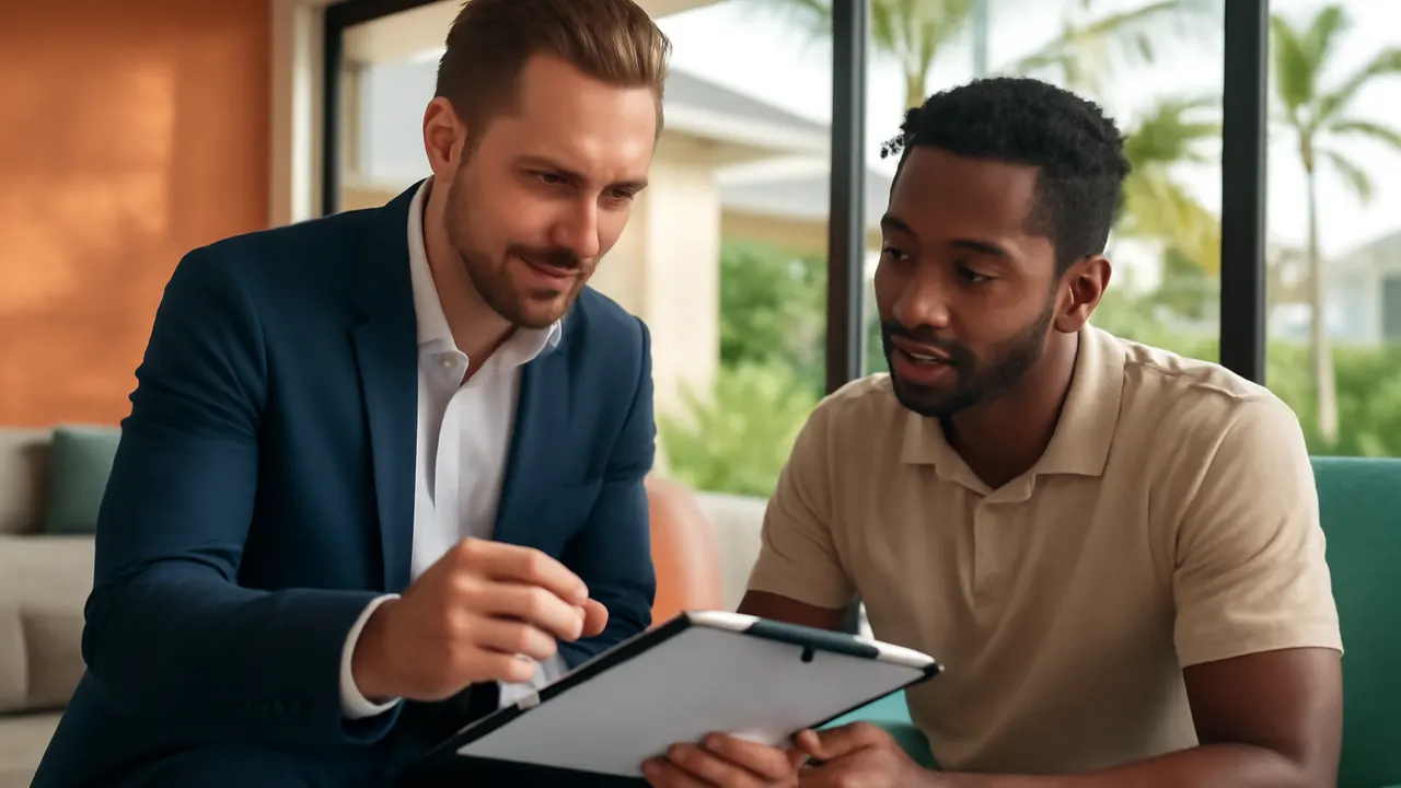 Agente inmobiliario profesional mostrando documentos a cliente internacional en Punta Cana, pasos clave para la venta de propiedades