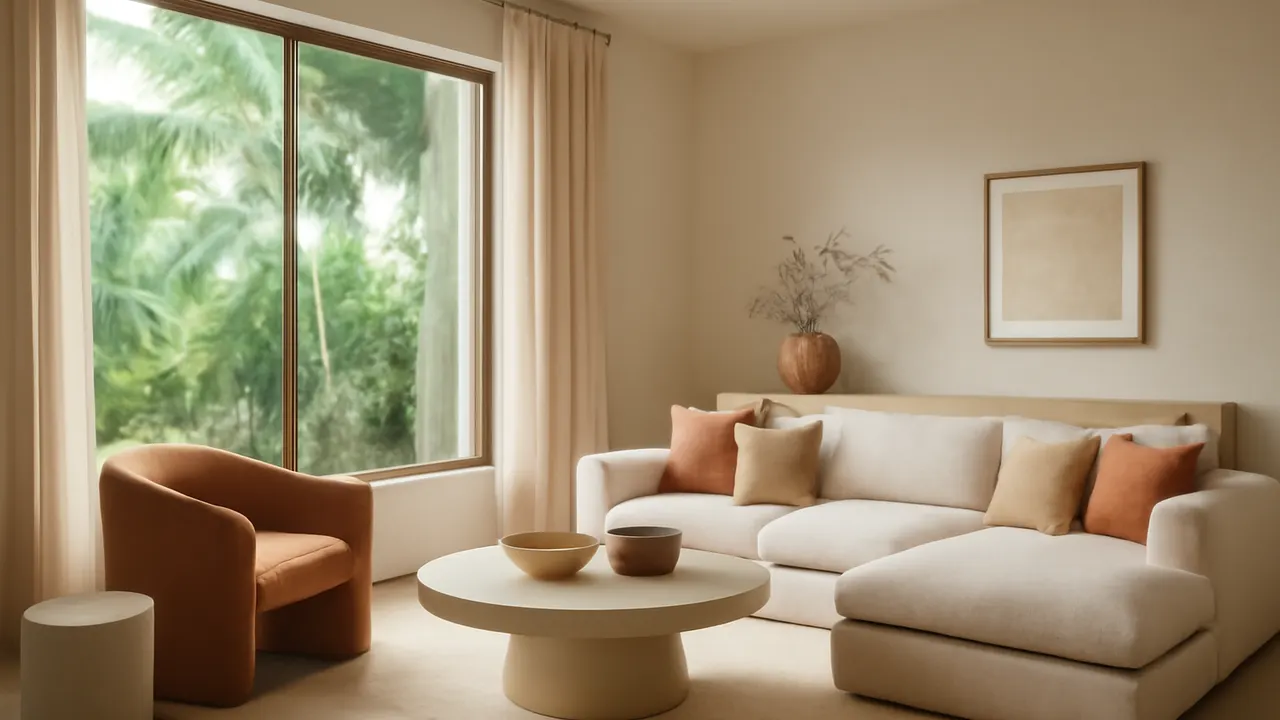Interior residencial sereno con decoración en tonos marfil y arena, luz natural y vegetación tropical, ideal para compradores extranjeros