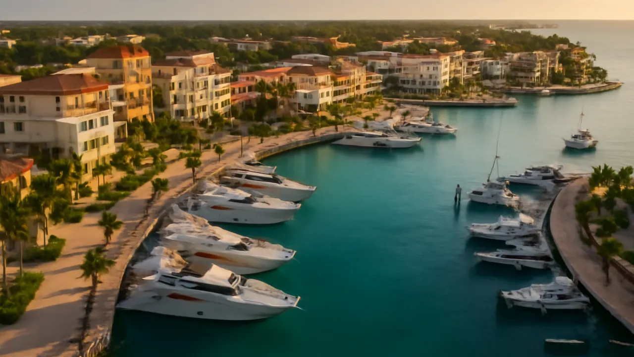 Aerial view of Punta Cana Marina at sunset with turquoise water and modern architecture, symbolizing strategies to avoid double taxation