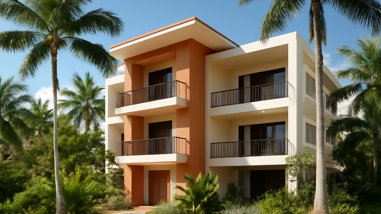 Edificio residencial moderno en Punta Cana rodeado de palmeras y vegetación autóctona, imagen para sección de impuestos en la compra inmobiliaria en Punta Cana