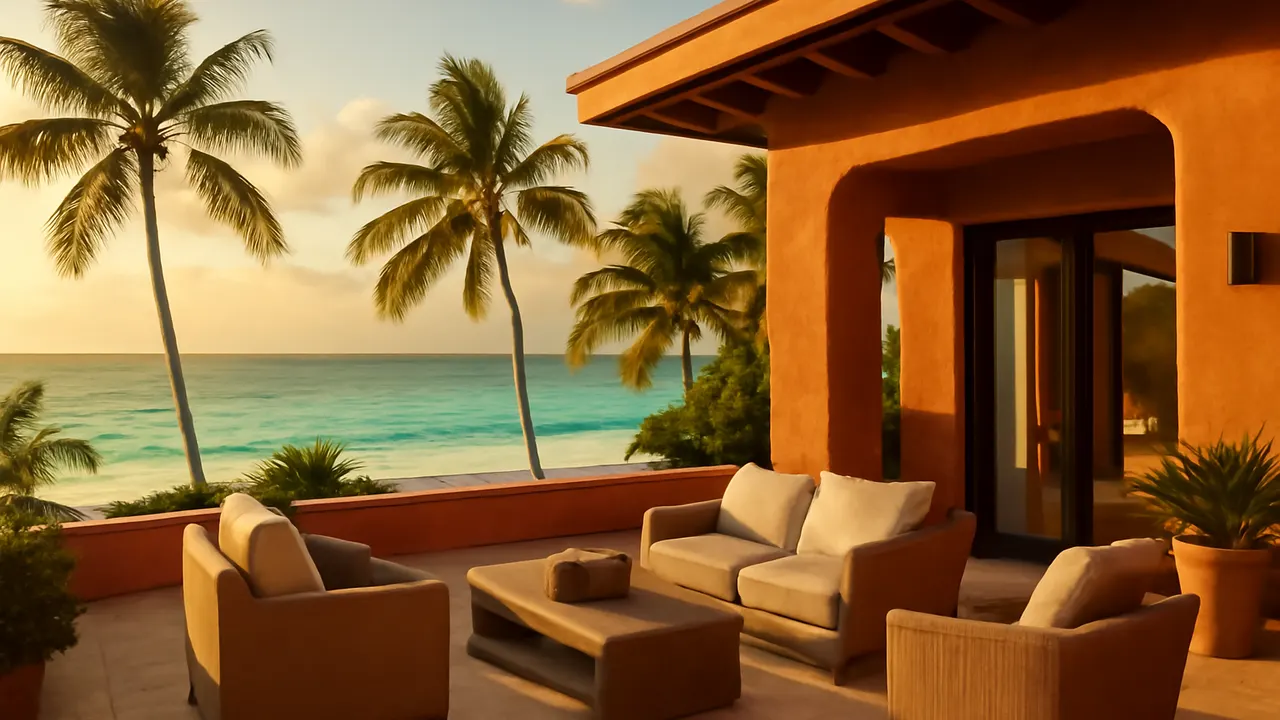 Terraza de villa de lujo con vista al mar en Punta Cana al atardecer, imagen asociada a incentivos fiscales para inversiones inmobiliarias en Punta Cana