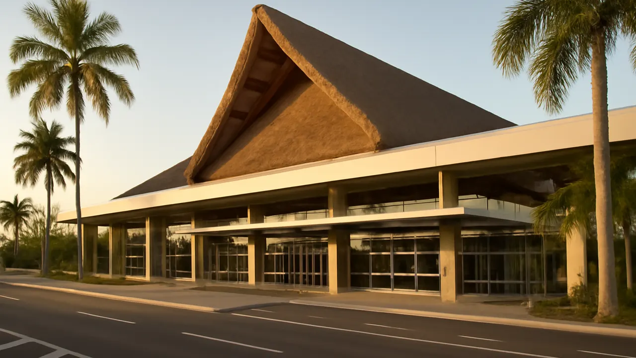 Terminal del Aeropuerto Internacional de Punta Cana (PUJ) al atardecer, mostrando arquitectura moderna y accesibilidad clave para el mercado inmobiliario