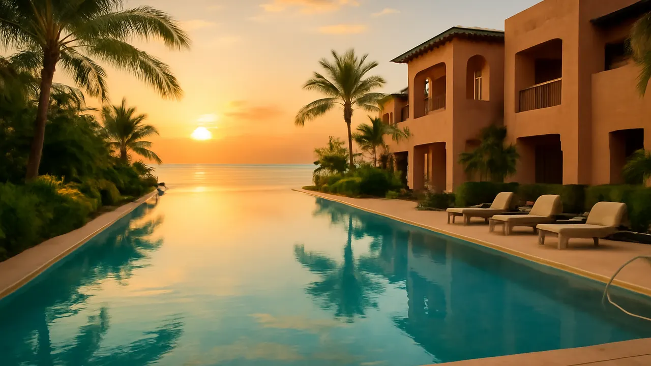 Piscina infinity en un complejo residencial boutique de lujo en Punta Cana con vegetación tropical y arquitectura en tonos terracota, representando panorama actual de inversión inmobiliaria en Punta Cana