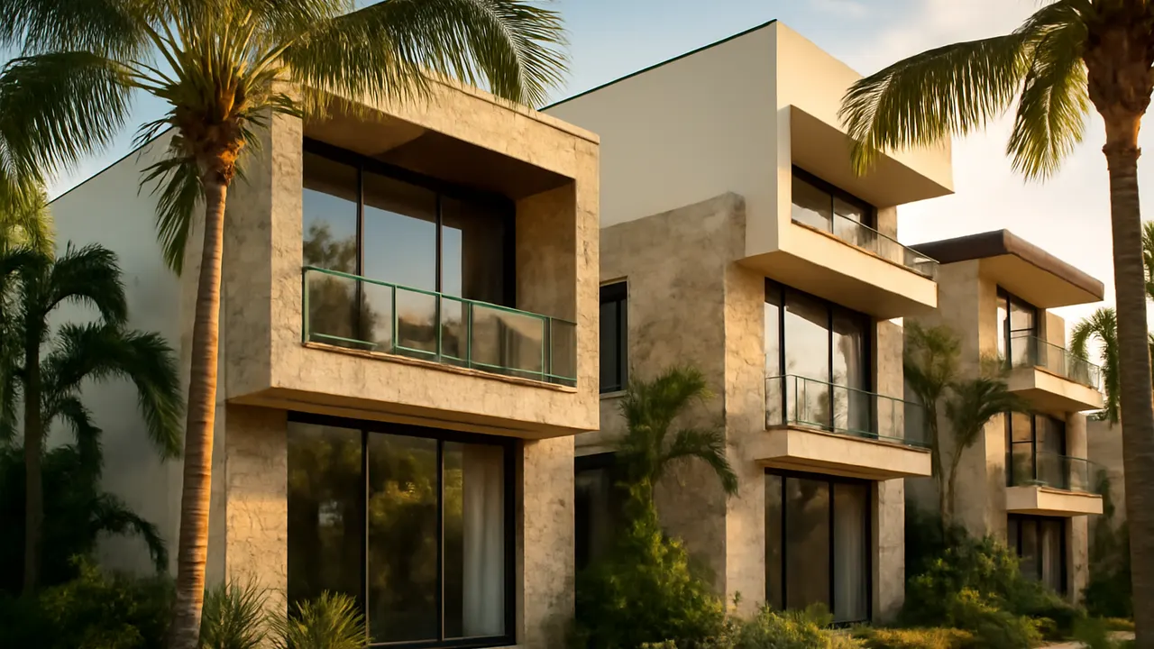 Fachadas modernas residenciales en Punta Cana con vegetación tropical bajo luz cálida, ilustrando factores clave que impulsan la demanda inmobiliaria en la región Este
