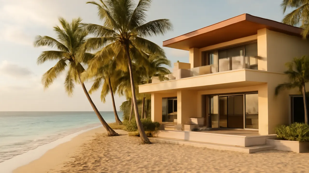 Escena serena en primera línea de playa en Uvero Alto al atardecer, con villa moderna de lujo, palmeras nativas y océano turquesa de fondo, reflejando exclusividad y belleza natural
