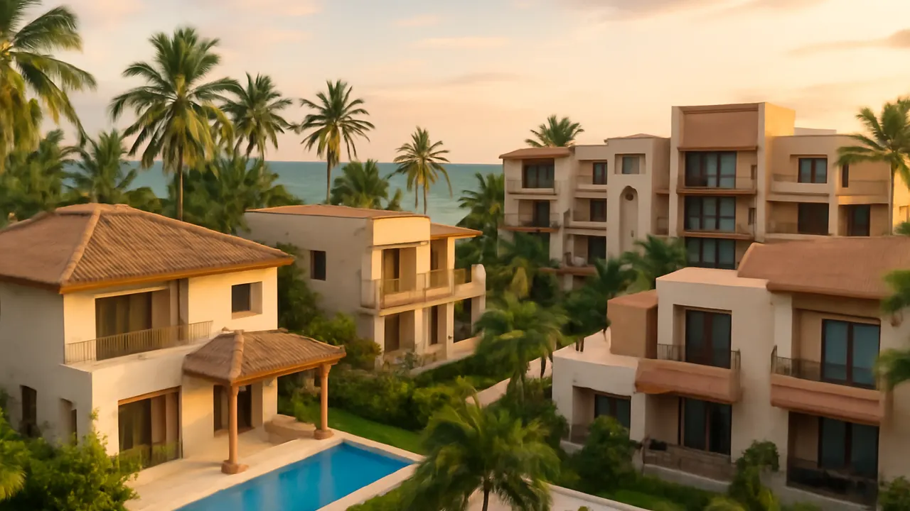 Propiedades residenciales contemporáneas en Uvero Alto, incluyendo villas y apartamentos de baja altura, con materiales naturales y vistas al océano, rodeadas de vegetación tropical