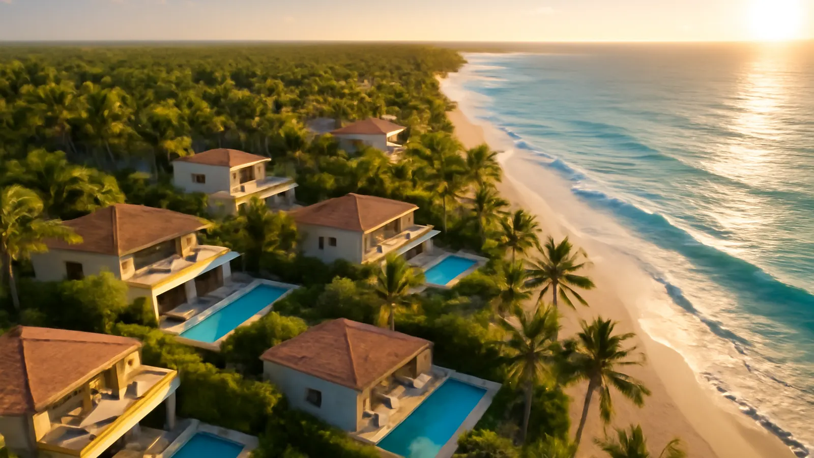 Vista aérea fotorealista del litoral de Uvero Alto al atardecer, mostrando arquitectura residencial moderna de lujo, piscinas infinity, palmeras nativas y vegetación autóctona, playas de arena blanca y océano turquesa