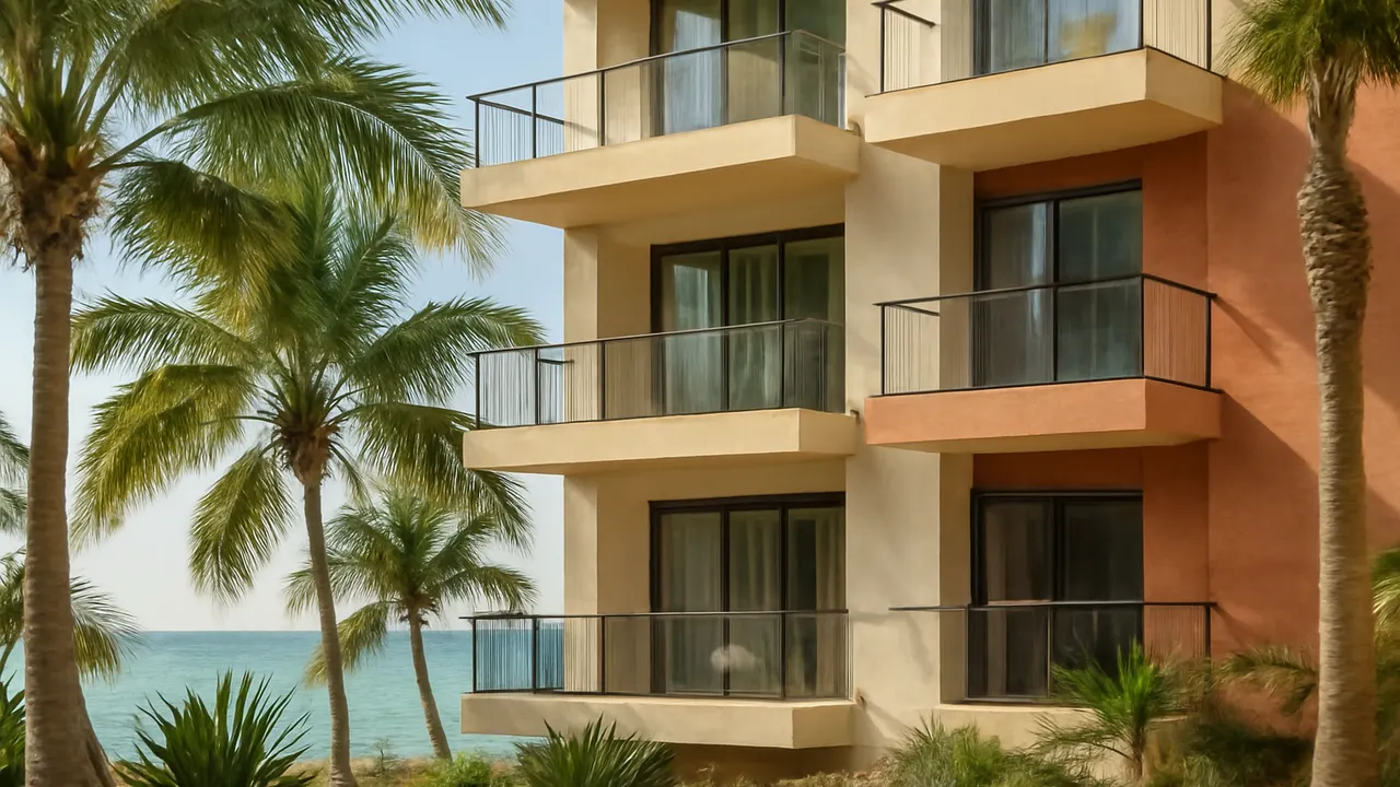 Fachada de condominio moderno en Punta Cana con palmeras y vegetación autóctona, representando las reglas y restricciones comunes en condominios para alquileres vacacionales