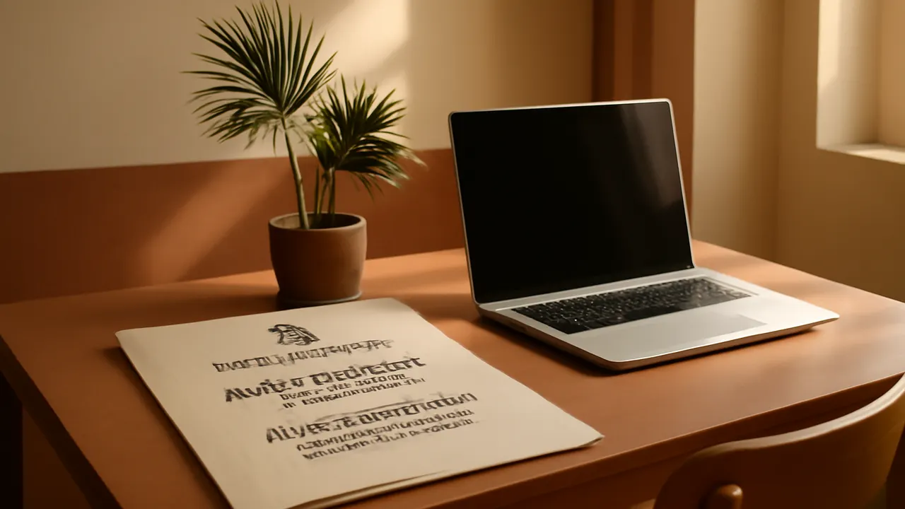 Espacio interior con documentos legales y laptop en tonos terracota y marfil, representando las restricciones legales y fiscales para alquileres vacacionales en República Dominicana