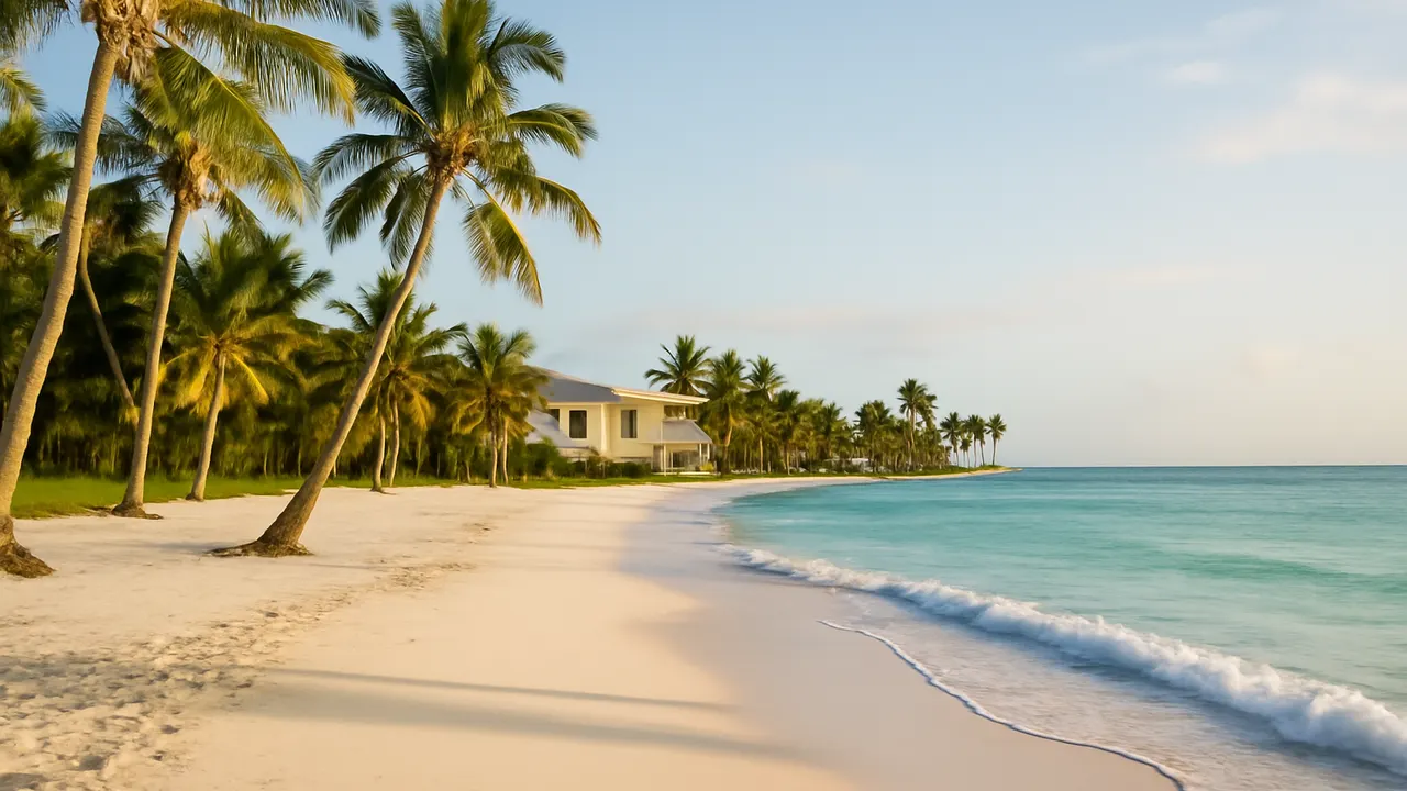 Playa de Punta Cana con palmeras y villas modernas, panorama actual del alquiler vacacional en Punta Cana
