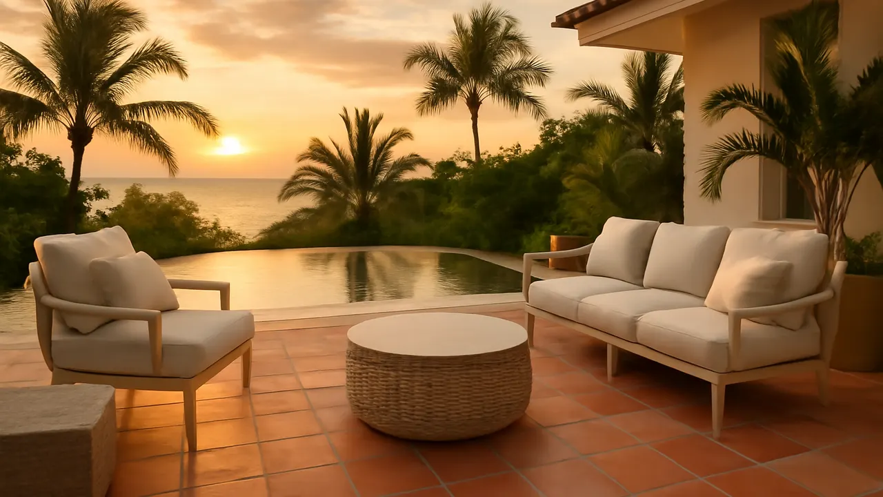 Terraza de villa de lujo en Punta Cana al atardecer con piscina infinity y vegetación autóctona, estrategias efectivas para la optimización de alquiler vacacional en Punta Cana