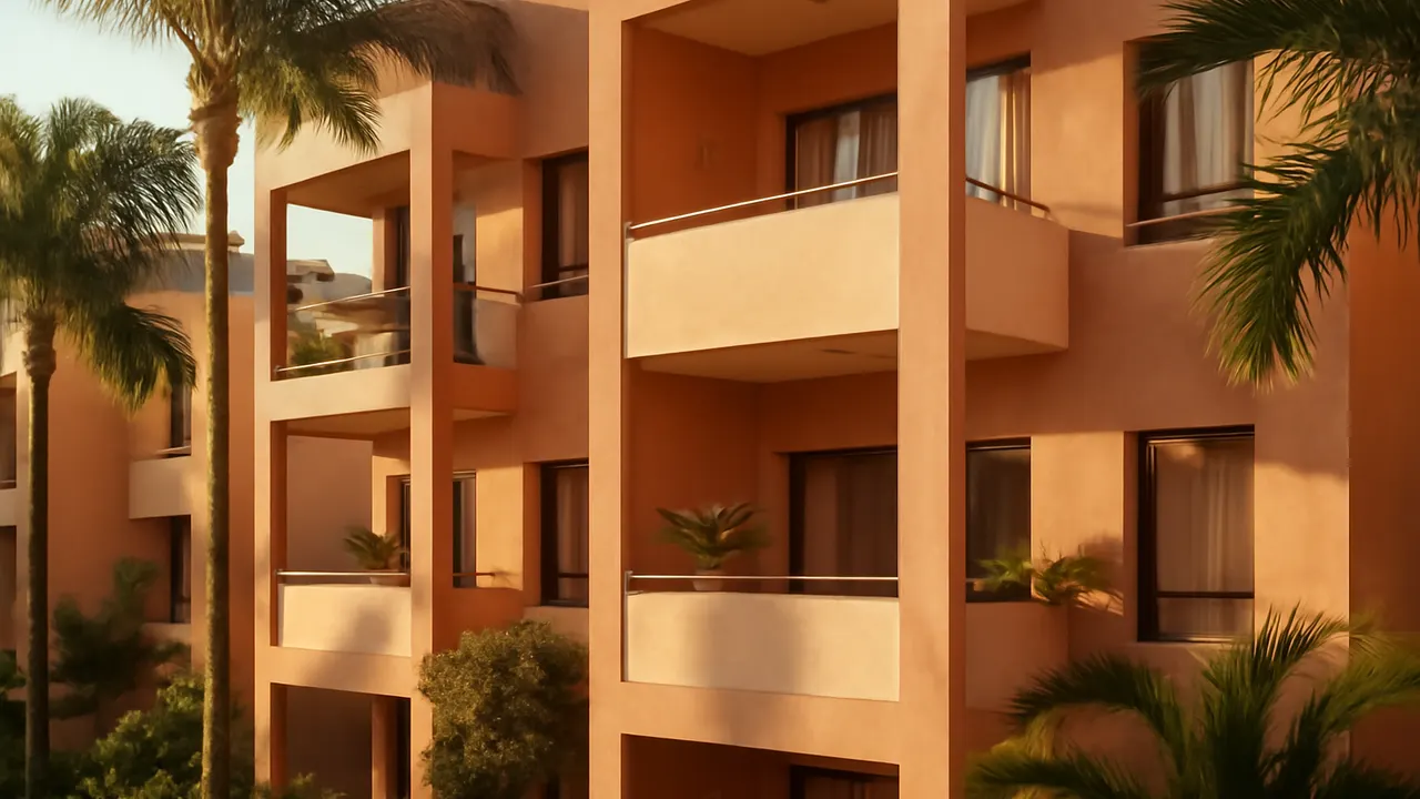 Photorealistic detail of modern residential facade in Punta Cana with terracotta tones and native vegetation