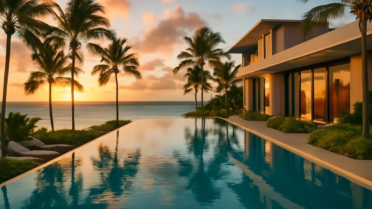 Luxury infinity pool in Punta Cana at sunset overlooking turquoise ocean and palm trees