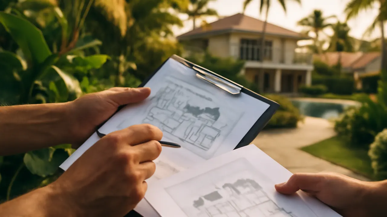 Detalle de manos revisando documentos inmobiliarios en Punta Cana, representando la due diligence inmobiliaria en República Dominicana