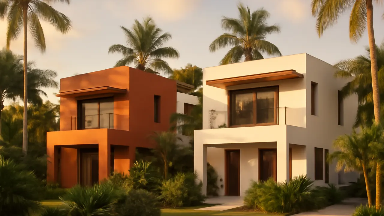 Villas residenciales modernas en Punta Cana Village con arquitectura en tonos terracota y marfil junto a vegetación tropical autóctona
