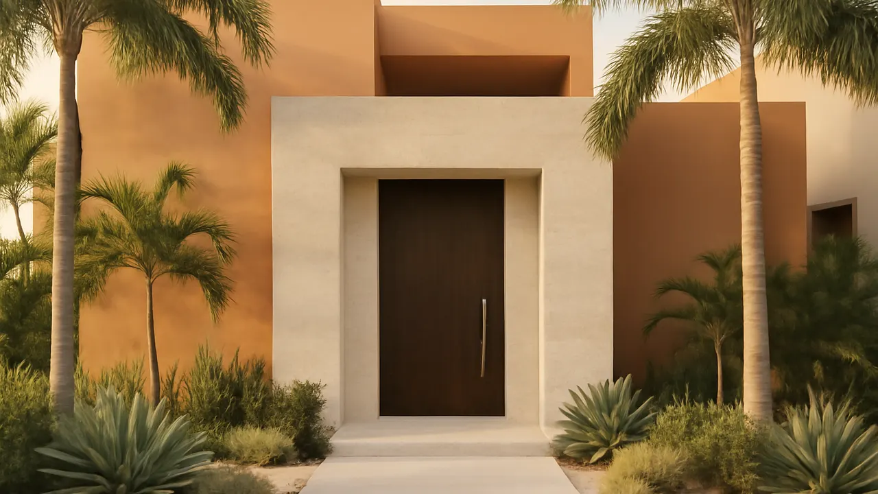 Modern luxury residential entrance in Punta Cana with contemporary architecture, terracotta walls and native vegetation, warm sunset light