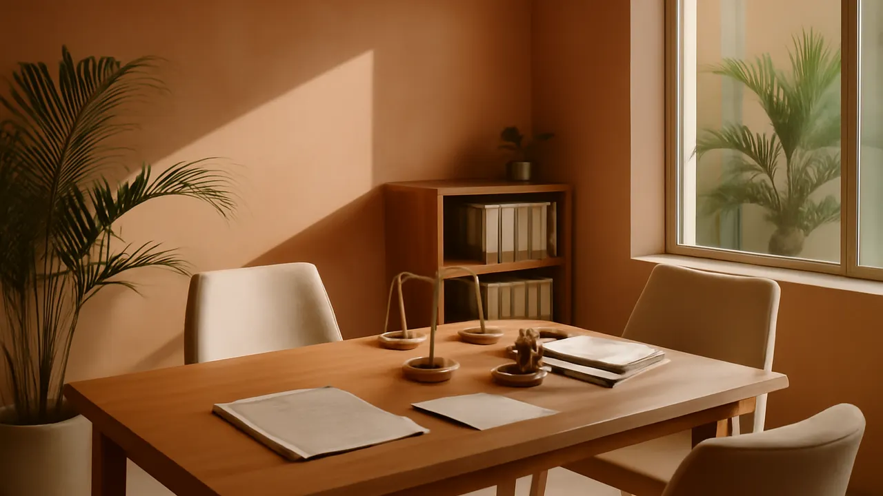 Interior of a legal office in Punta Cana with minimalist and warm design, modern furniture and documents on a wooden desk, professional and serene environment