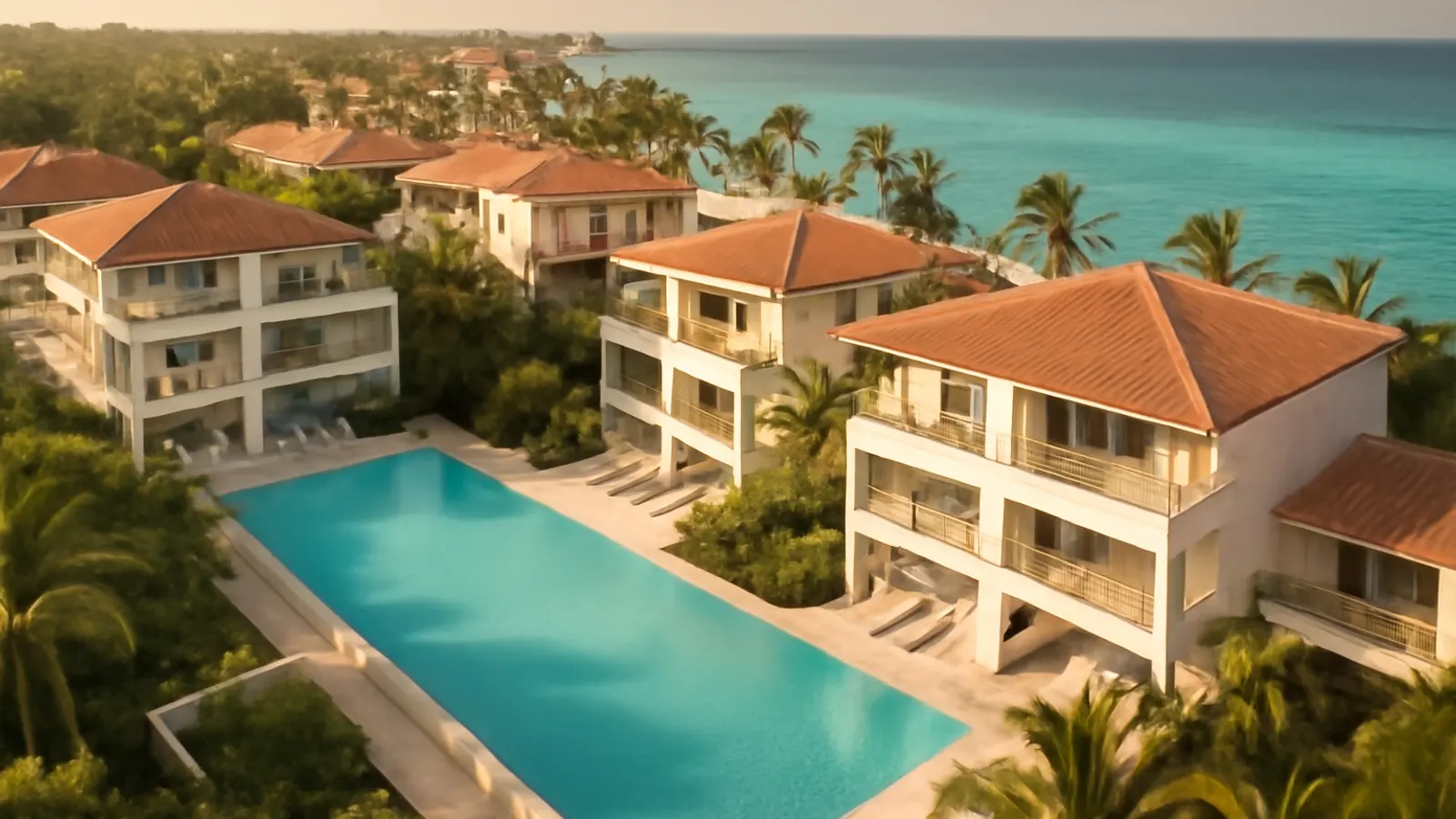 Photorealistic aerial view of a modern luxury residential complex in Punta Cana at sunset, featuring infinity pools, palm trees, native vegetation, turquoise beaches, and modern residential architecture