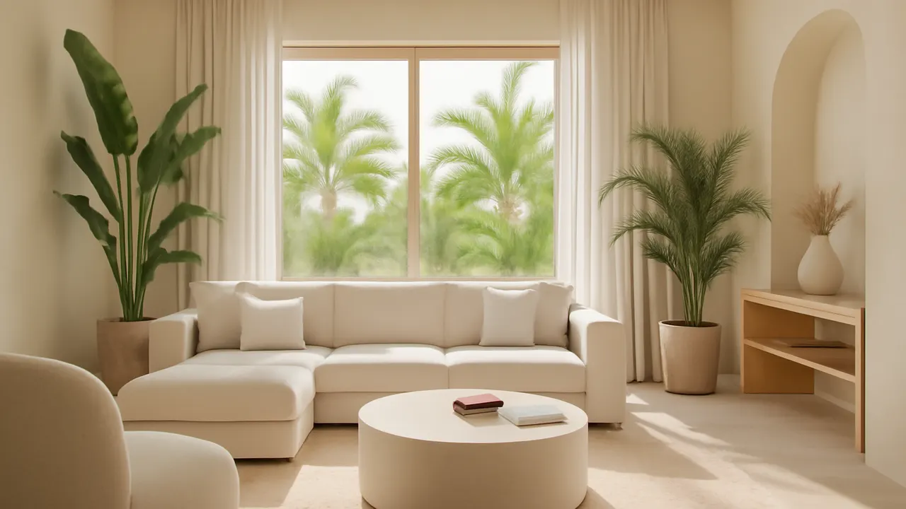 Modern and serene interior in Punta Cana with natural light and tropical plants, illustrating services for residents
