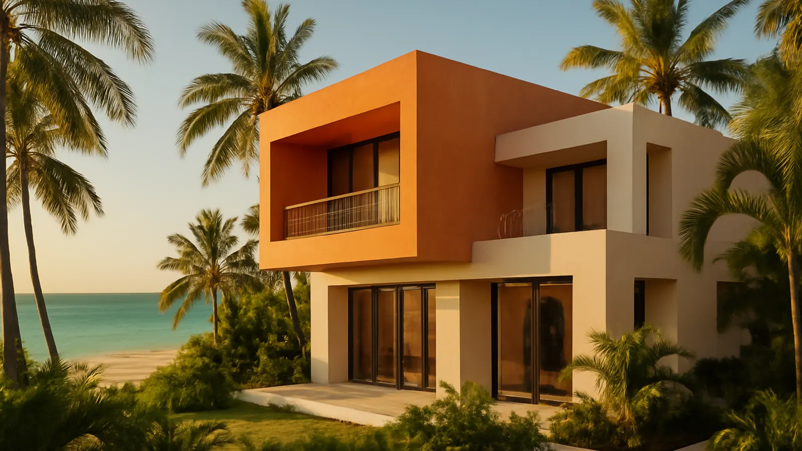 Modern luxury residential villa in Punta Cana at sunset with palm trees and turquoise beach, representative image for relocation in Punta Cana