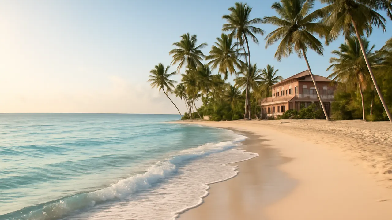 Playa tranquila de Punta Cana con luz cálida y suave, arena blanca y agua turquesa, representando el clima tropical durante todo el año