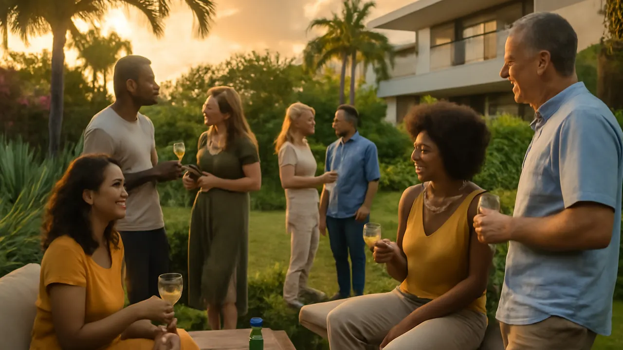 Grupo diverso de expatriados socializando en un jardín residencial moderno en Punta Cana con vegetación autóctona y luz cálida de atardecer