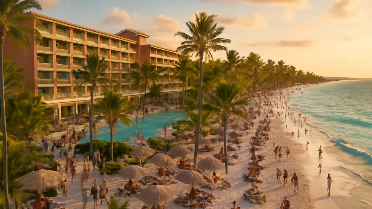 Vista de un resort de lujo en Bavaro, Punta Cana, ilustrando el contexto actual del mercado turístico con alta ocupación hotelera, palmeras y mar turquesa al atardecer