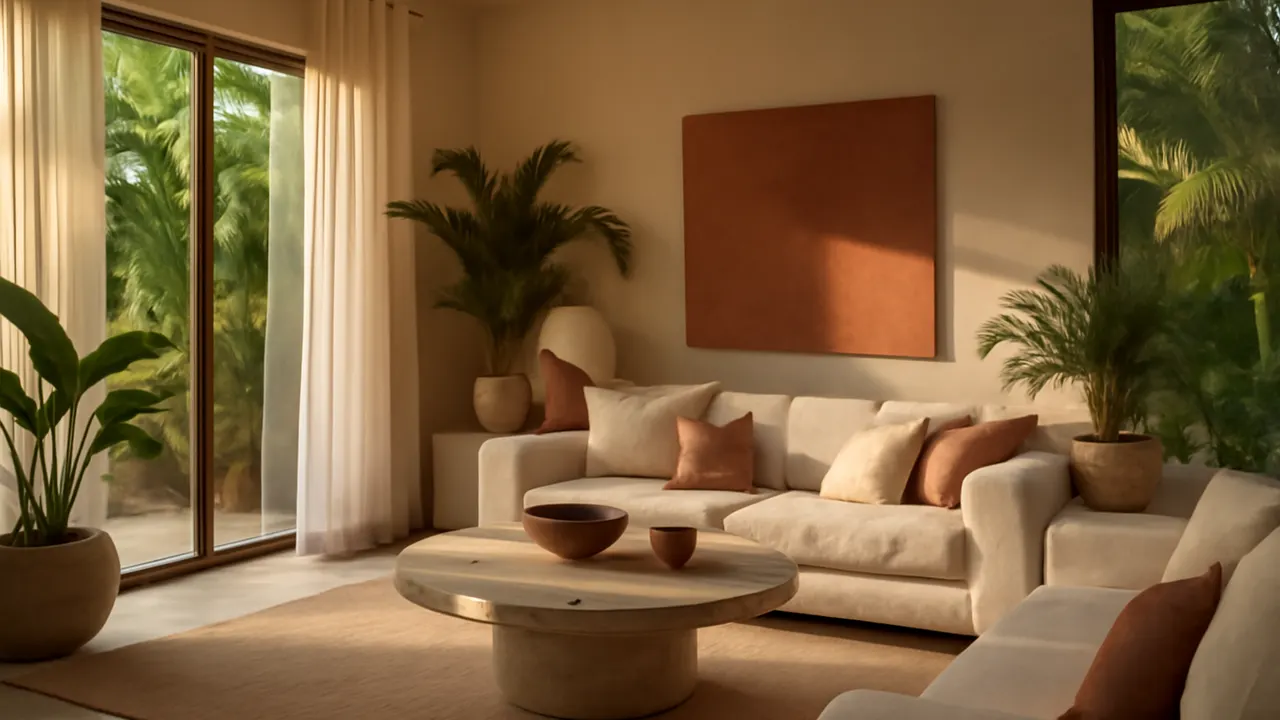 Interior sereno y moderno de villa de lujo en Punta Cana con decoración en tonos marfil y terracota, luz natural cálida, ilustrando factores clave para optimizar rentabilidad en alquiler vacacional